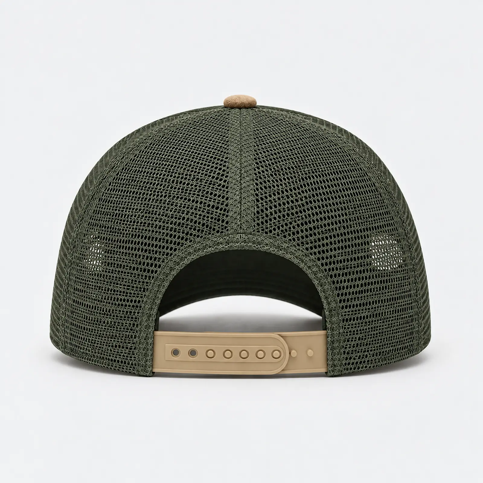 Back view of a custom five-panel trucker hat with breathable mesh and adjustable snapback closure