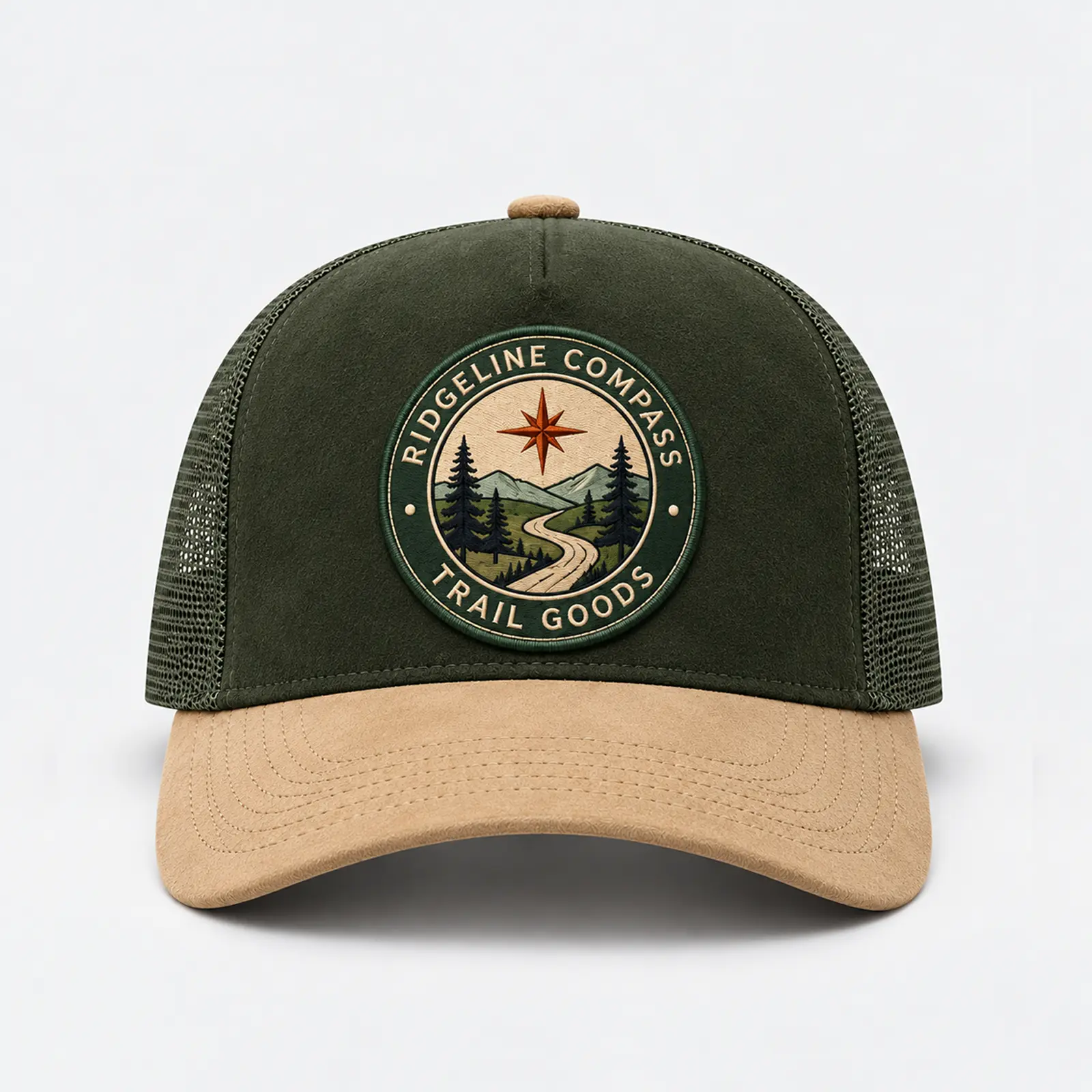 Front view of a custom forest green and tan five-panel trucker hat with circular embroidered patch