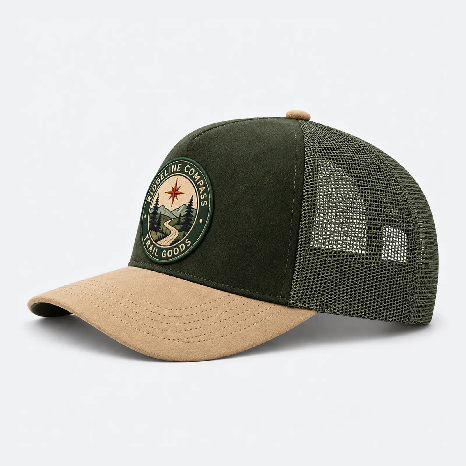 Side view of a custom forest green and tan five-panel trucker hat with breathable mesh back